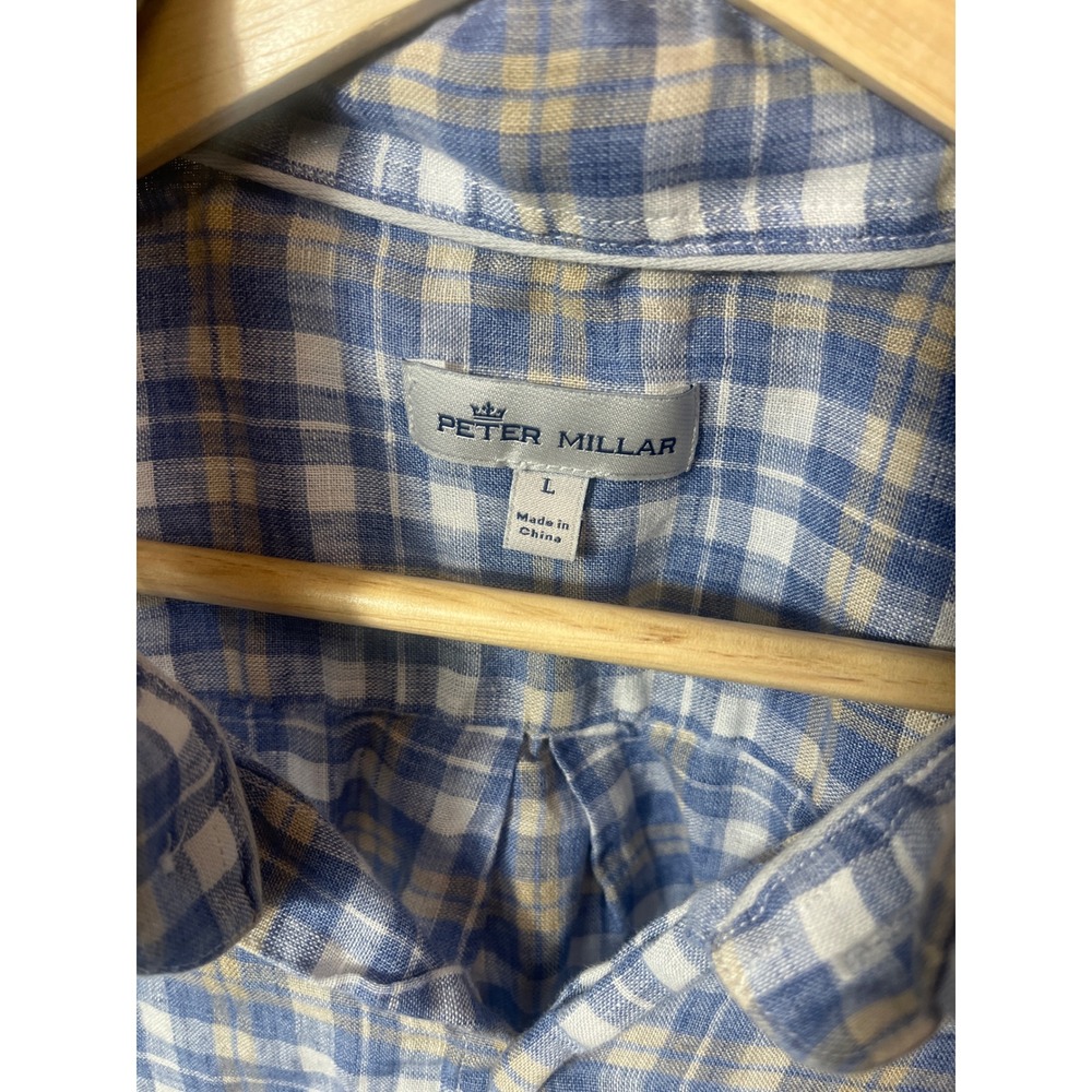Peter Millar Mens Large Blue Plaid Linen Blend Long Sleeve Button Down Shirt L - Picture 2 of 5